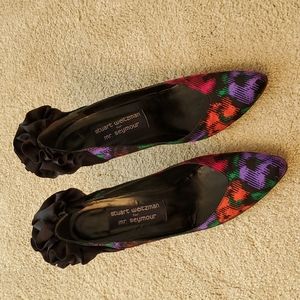 Stuart Weitzman party shoes! Multi-colored, silky fabric heels, with ruffle!
